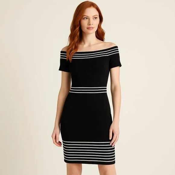 Max Studio | Dresses | Max Studio Black Knit Dress With White Trim Cap  Sleeves Soft Knit Size Small | Poshmark